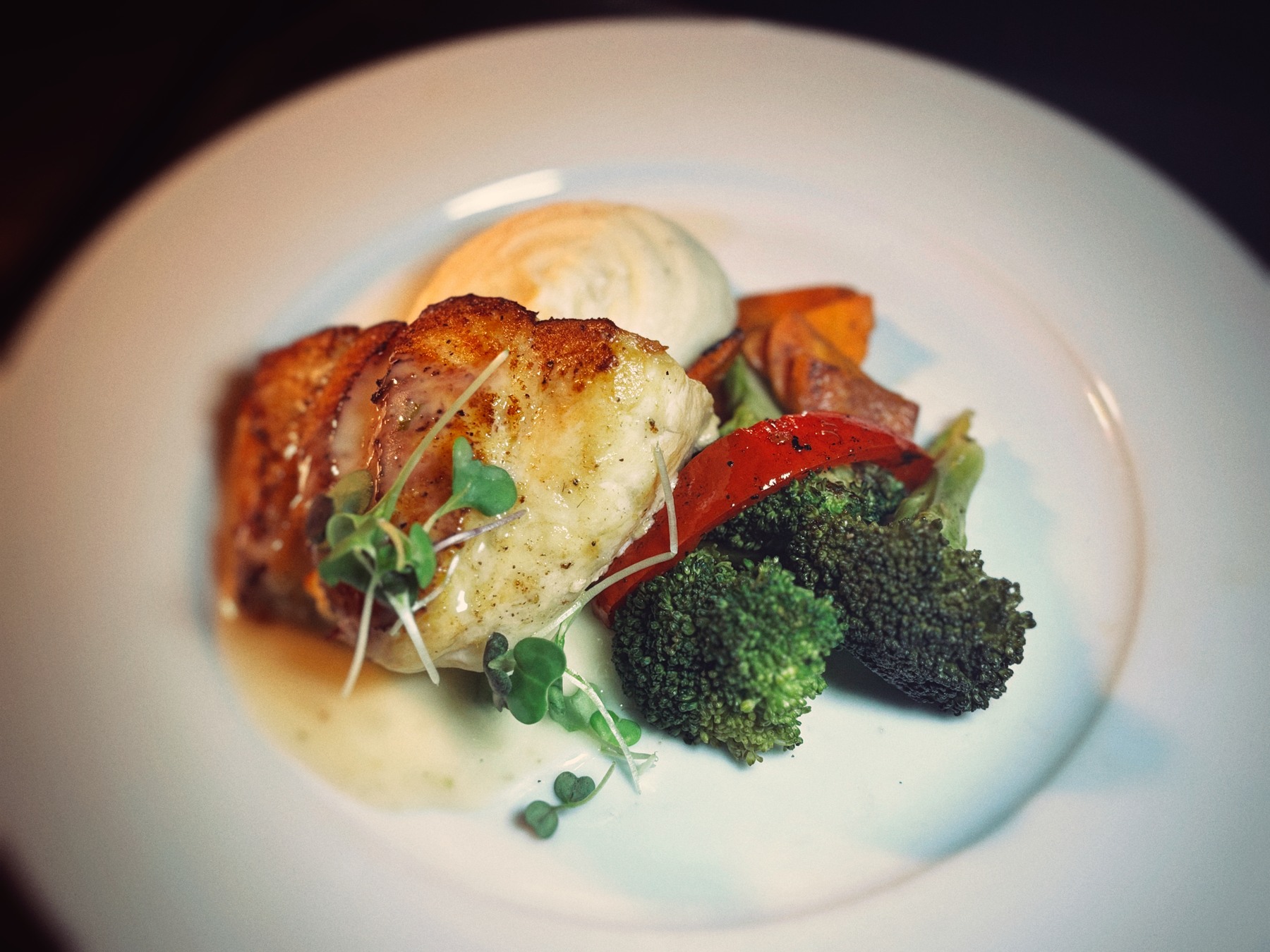 Gulf grouper dinner with seasonal vegetables prepared by Two Guys Catering
